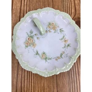 Le Blanc 1978 Trinket Dish Green Yellow Floral print 6 1/2" diameter